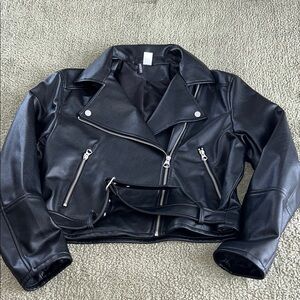 H&M Black Faux Leather Buckle Moto Jacket
